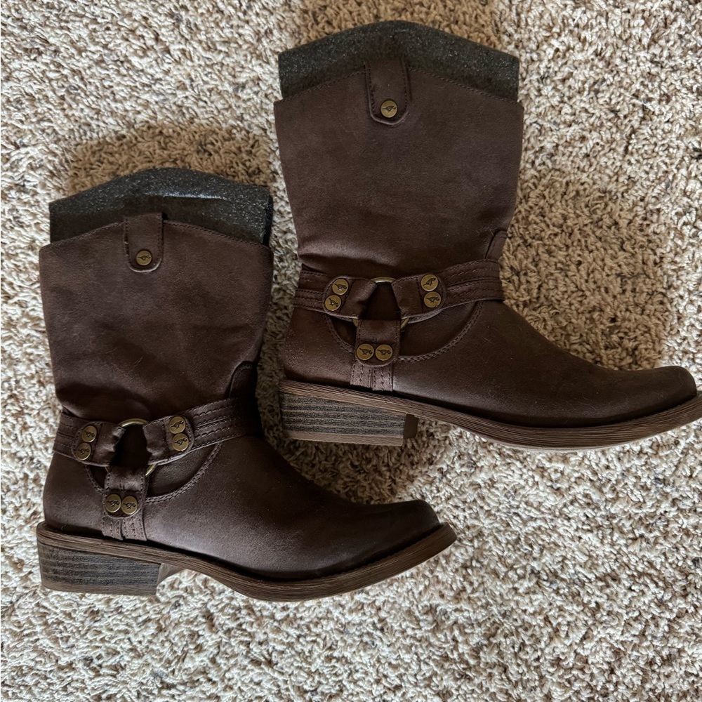 Rocket Dog Brown Combat Moto Boots with Harness Detail